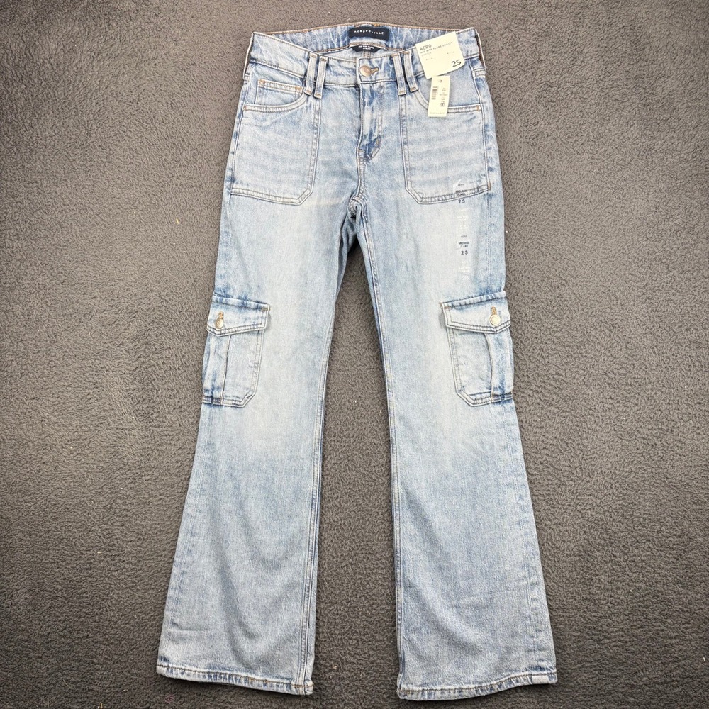 Aeropostale Mid Rise Flare Utility Cargo Jeans Light Wash Blue‎ Size 2S NWT